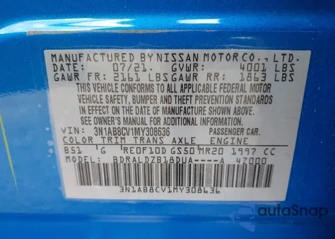 2021 Nissan Sentra Sv Xtronic Cvt z USA, uszkodzony, nr VIN 3N1AB8CV1MY308636